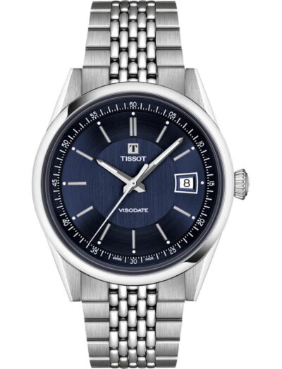 Tissot Visodate wristwatch with stainless steel case and bracelet, and blue dial.
