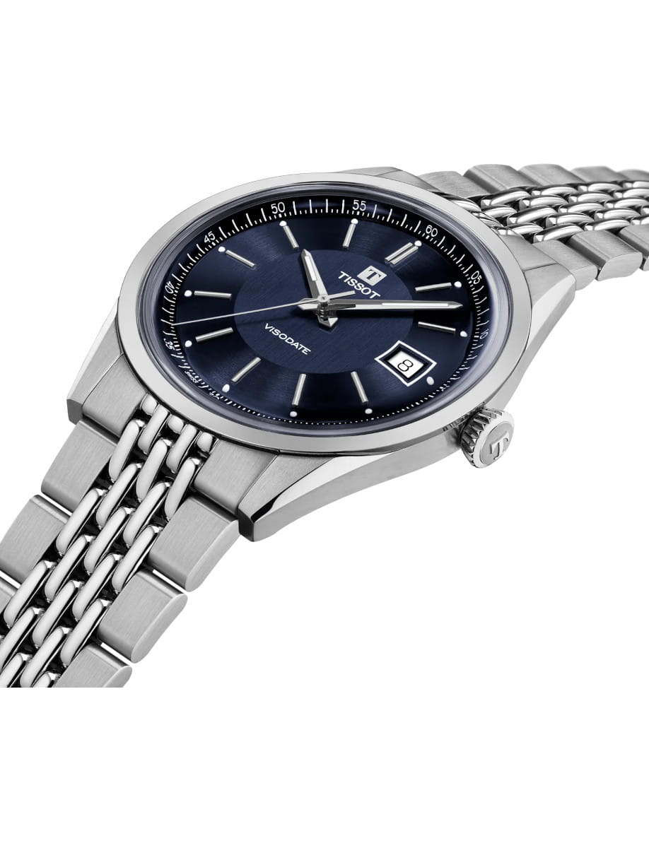 Side view of Tissot Visodate wristwatch with stainless steel case and bracelet, and blue dial.