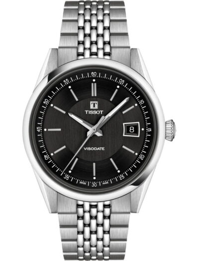 Tissot Visodate wristwatch with stainless steel case and bracelet, and black dial.