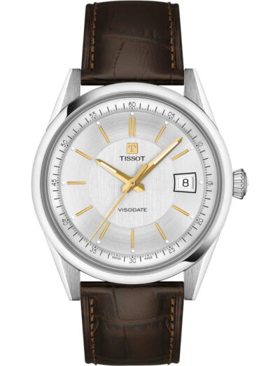 Tissot Visodate wristwatch with stainless steel case, silver dial, and brown cow leather strap.