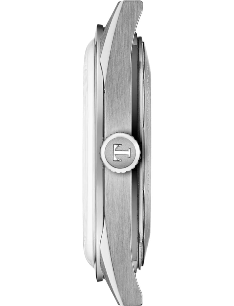 Side view of Tissot Visodate wristwatch with stainless steel case, silver dial, and brown cow leather strap.