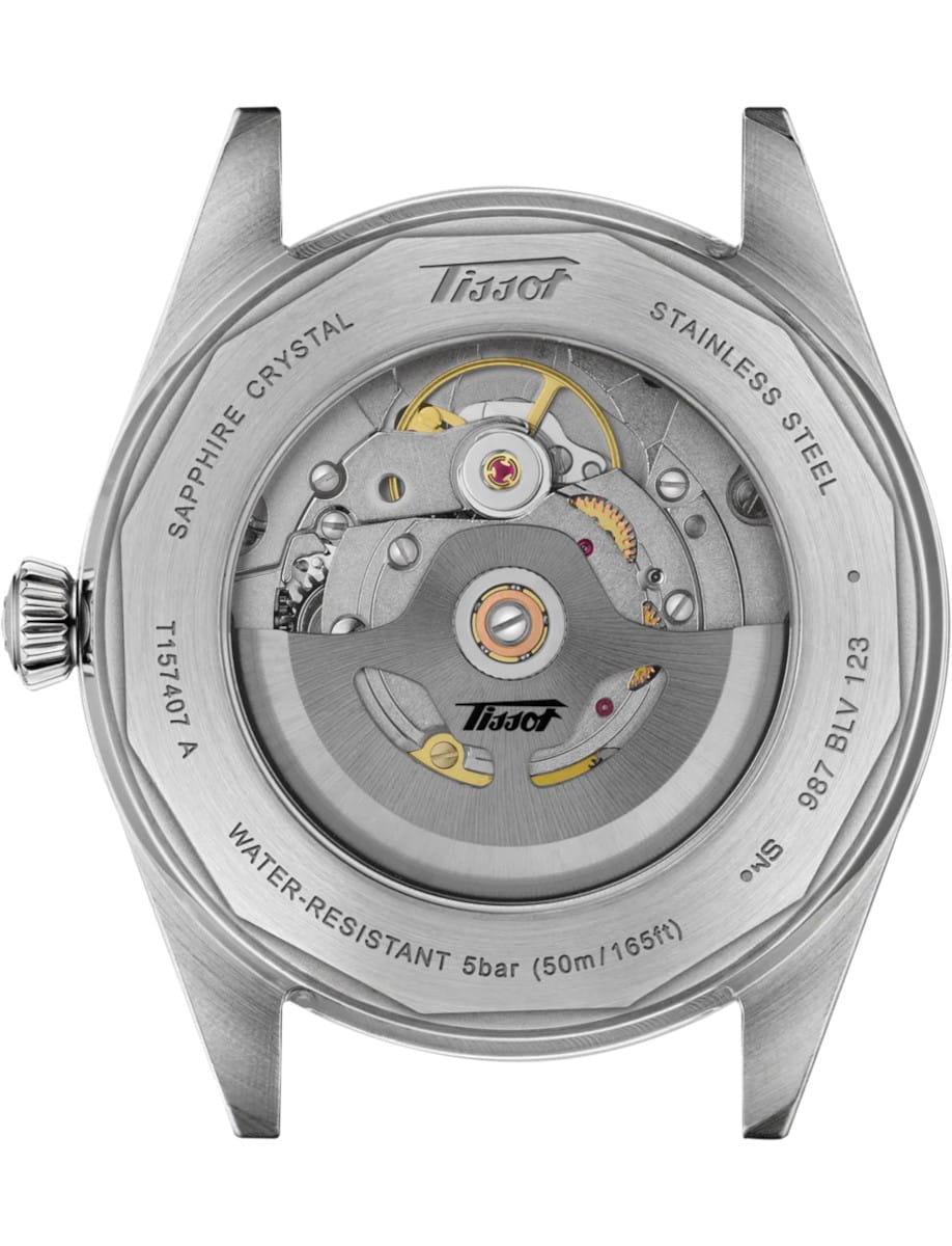Back view of Tissot Visodate wristwatch with stainless steel case, silver dial, and open case back.