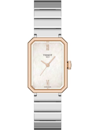 Tissot wristwatch with stainless steel case and bracelet, and white mother-of-pearl dial.
