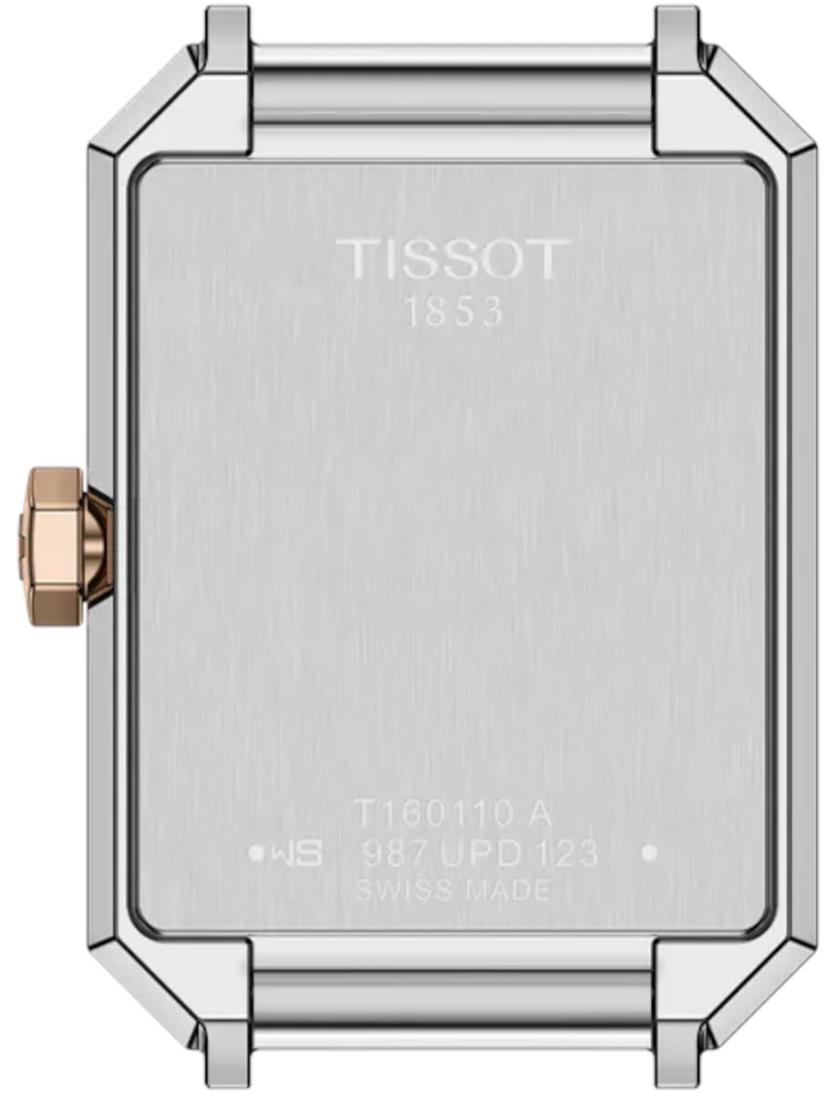 Back view of Tissot wristwatch with stainless steel case and bracelet.