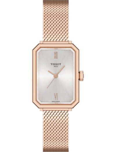 Tissot wristwatch with stainless steel case and bracelet, and white dial.