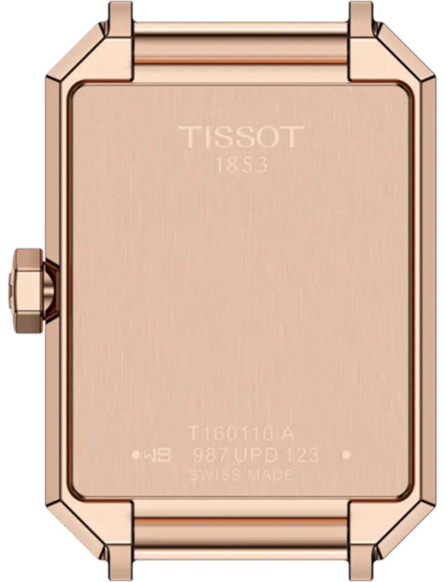 Back view of Tissot wristwatch with stainless steel case and bracelet, and white dial.
