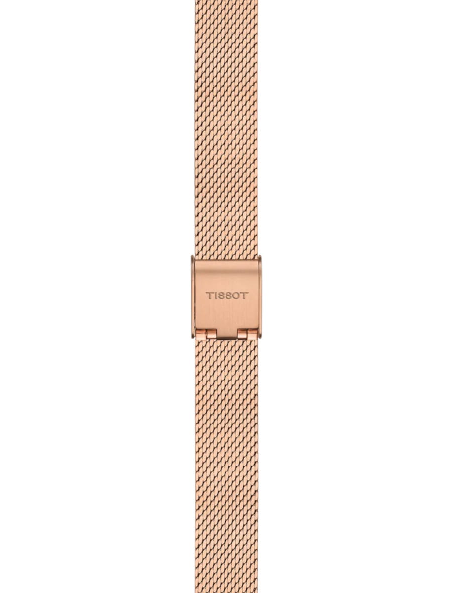 Stainless steel bracelet view of Tissot wristwatch.