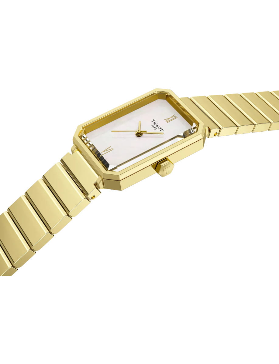 Side view of Tissot wristwatch with stainless steel case and bracelet with yellow PVD coating, white mother-of-pearl dial.