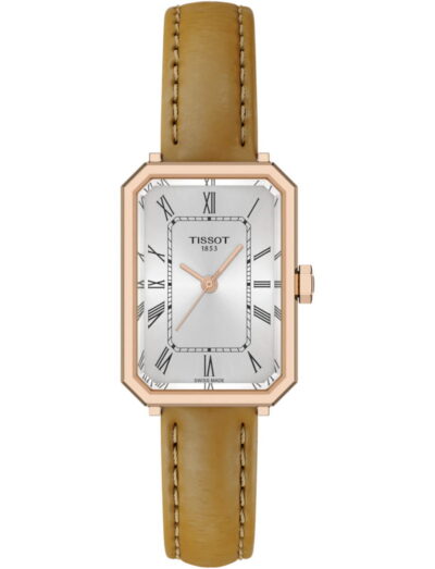 Tissot wristwatch with stainless steel case, silver dial, and light brown embossed cow leather.