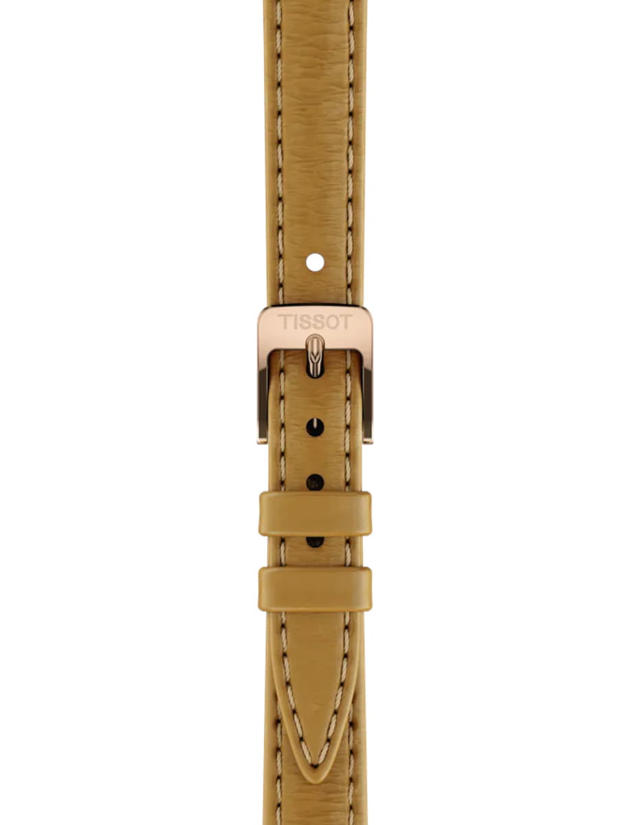 Strap view of Tissot wristwatch with light brown embossed cow leather.