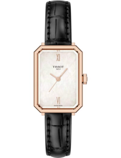 Tissot wristwatch with stainless steel case, white mother-of-pearl dial, and black alligator-style grained cowhide leather.