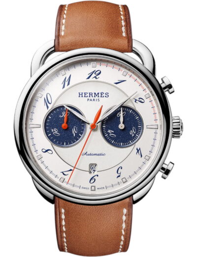 Hermes Arceau Chronographe wristwatch with stainless steel case, white silvered dial, natural Barenia calfskin strap.