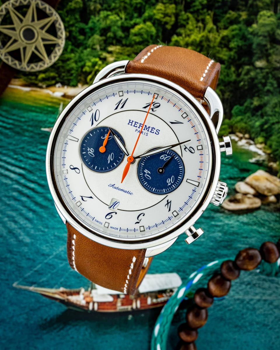 Hotlist image for Hermes Arceau Chronographe wristwatch with stainless steel case, white silvered dial, natural Barenia calfskin strap.