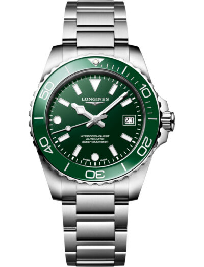 Longines Hydroconquest wristwatch with stainless steel case and bracelet, and green dial. | Feldmar Watch Co. Longines Hydroconquest wristwatch with stainless steel case and bracelet, and green dial.