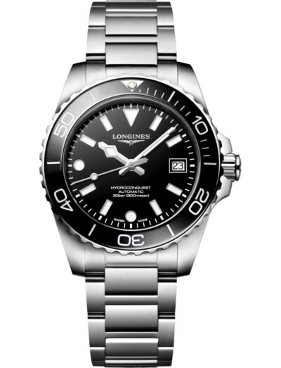 Longines Hydroconquest wristwatch with stainless steel case and bracelet, and black dial. | Feldmar Watch Co. Longines Hydroconquest wristwatch with stainless steel case and bracelet, and black dial.