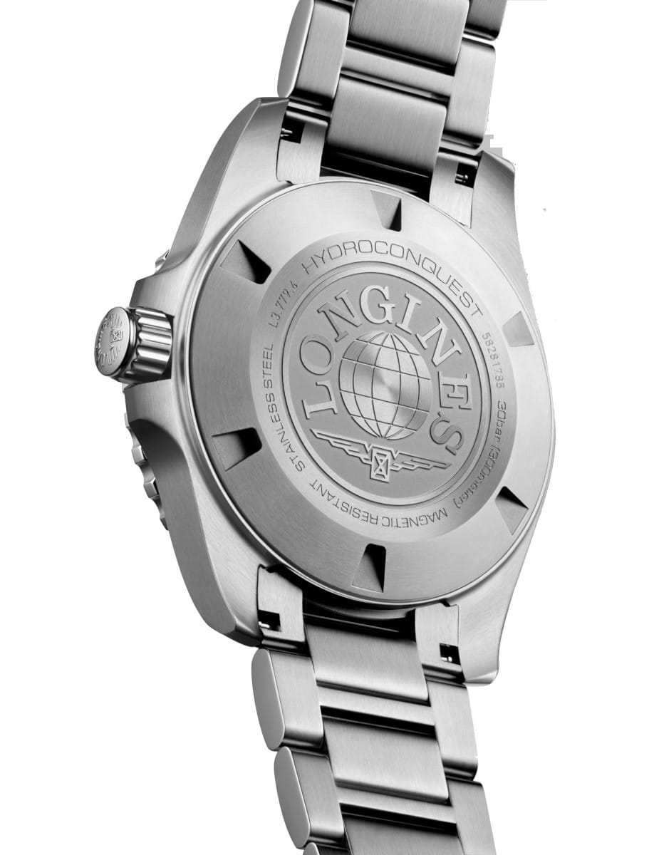Back view of Longines Hydroconquest wristwatch with stainless steel case and bracelet, and solid caseback.