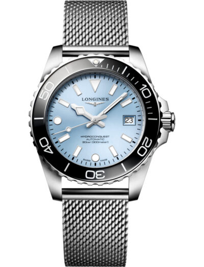 Longines Hydroconquest wristwatch with stainless steel case and bracelet, and frosted blue dial.