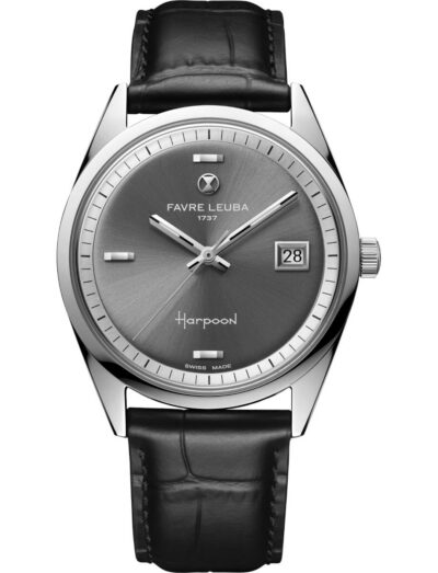 Favre Leuba Harpoon Revival wristwatch with stainless steel case, grey dial, and black leather strap.