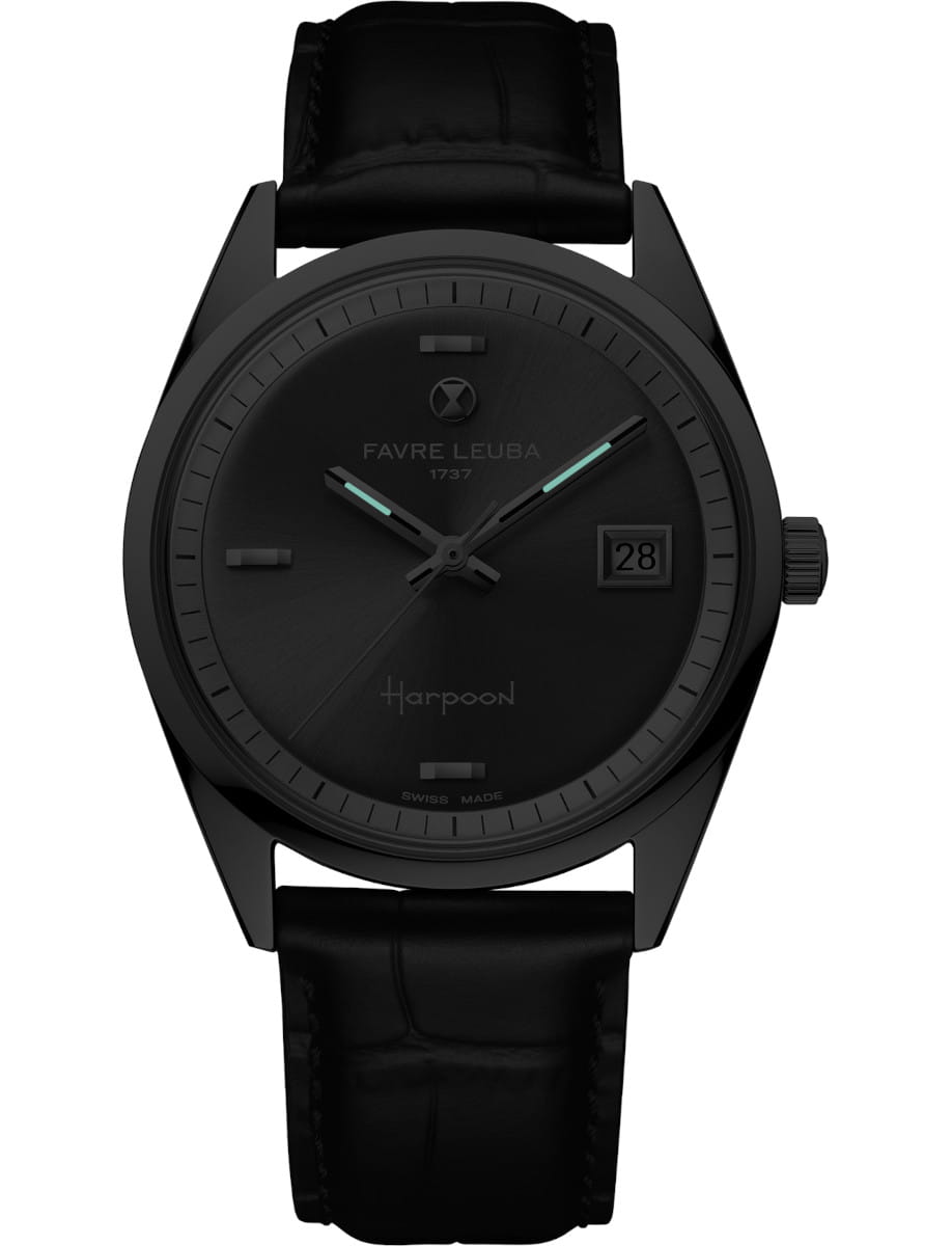 Night view of Favre Leuba Harpoon Revival wristwatch with stainless steel case, grey dial, and black leather strap.