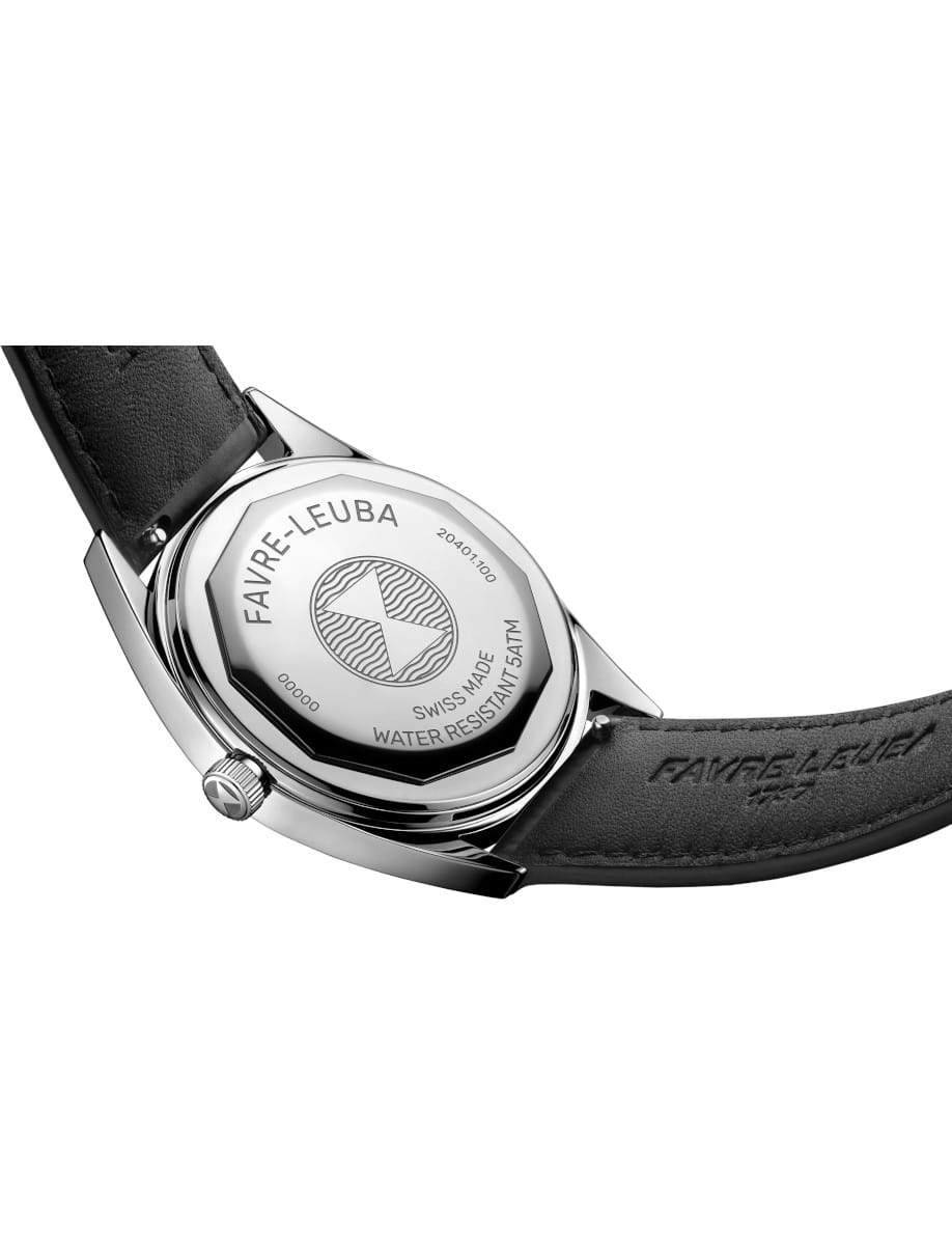 Back view of Favre Leuba Harpoon Revival wristwatch with stainless steel case, grey dial, and black leather strap.
