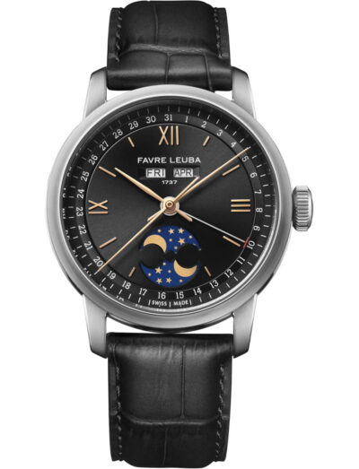 Favre Leuba 1737 Triple Calendar wristwatch with stainless steel case, black dial, and black leather strap.