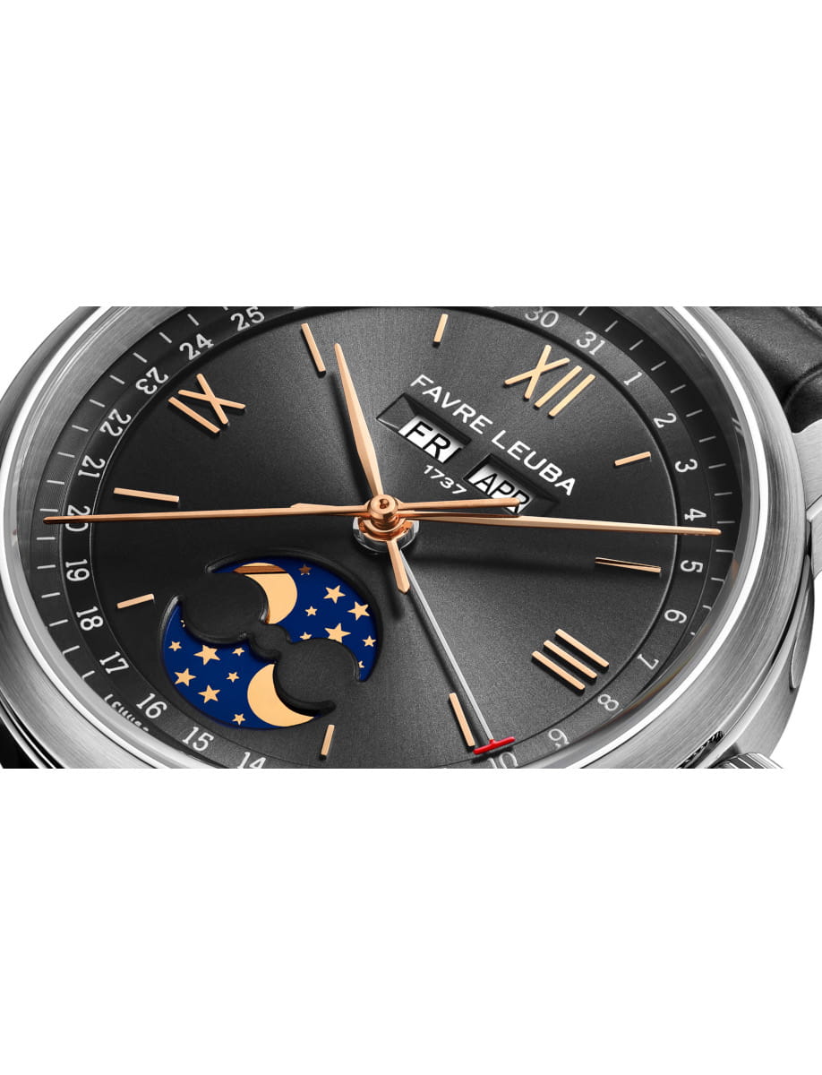 Close view of Favre Leuba 1737 Triple Calendar wristwatch with stainless steel case, black dial, and black leather strap.