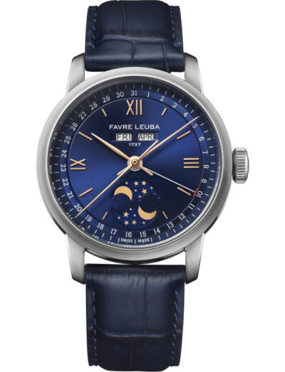 Favre Leuba 1737 Triple Calendar wristwatch with stainless steel case, blue dial, and blue leather strap.