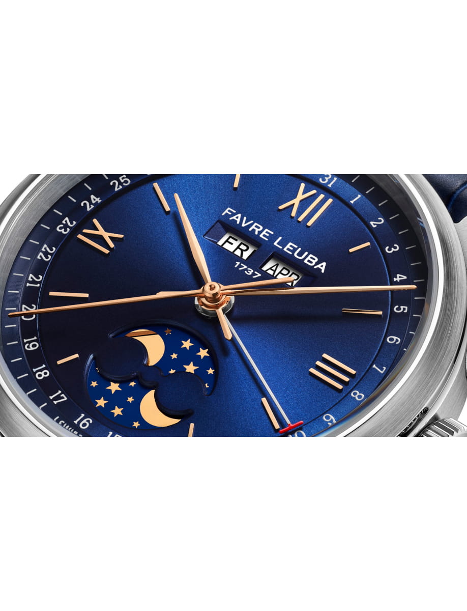 Close view of Favre Leuba 1737 Triple Calendar wristwatch with stainless steel case, blue dial, and blue leather strap.