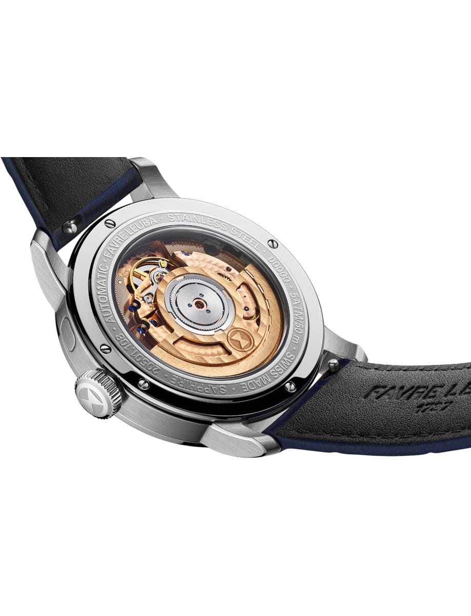 Back view of Favre Leuba 1737 Triple Calendar wristwatch with stainless steel case, blue dial, and blue leather strap.