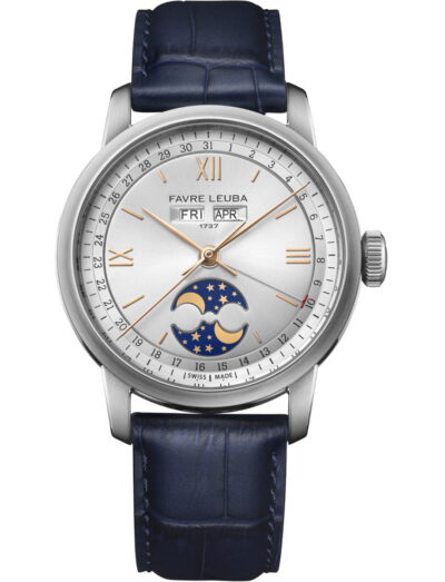 Favre Leuba 1737 Triple Calendar wristwatch with stainless steel case, silver dial, and black leather strap.