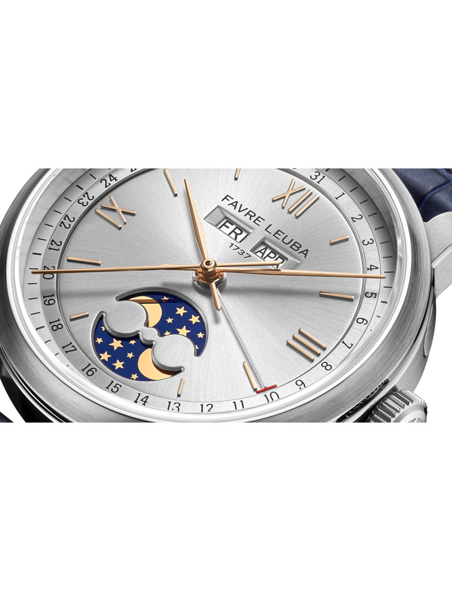 Close view of Favre Leuba 1737 Triple Calendar wristwatch with stainless steel case, silver dial, and black leather strap.