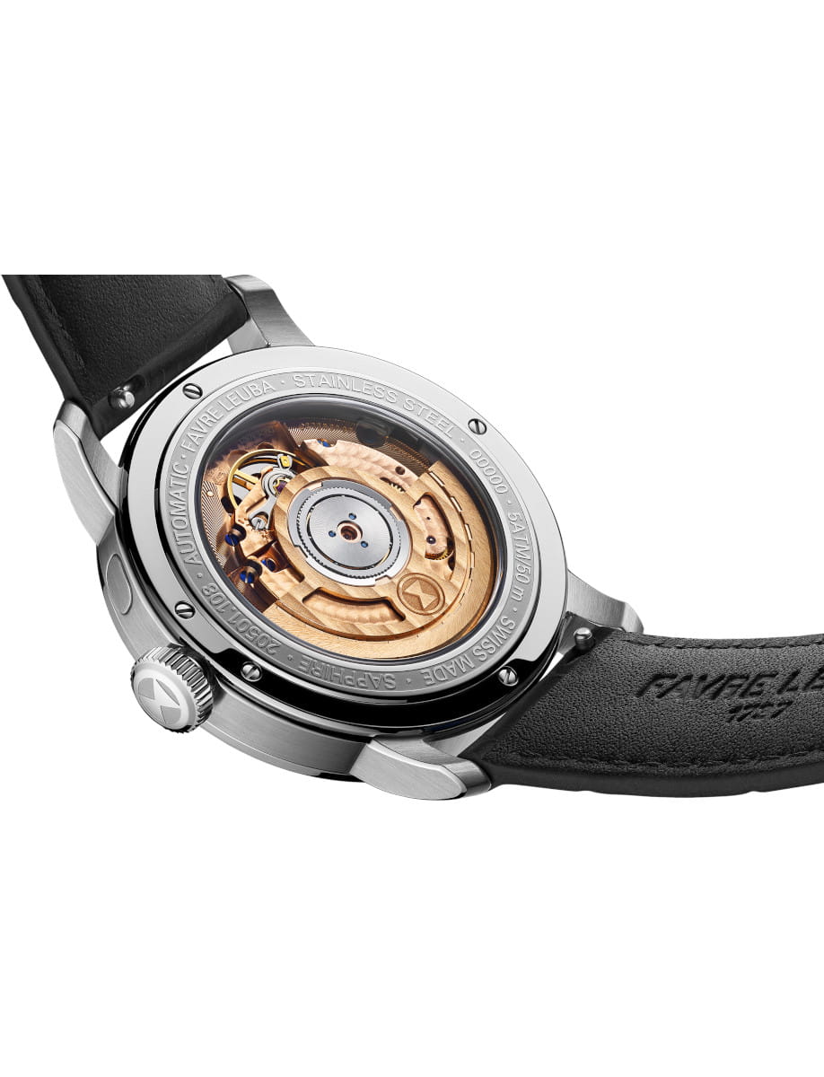 Back view of Favre Leuba 1737 Triple Calendar wristwatch with stainless steel case, silver dial, and black leather strap.