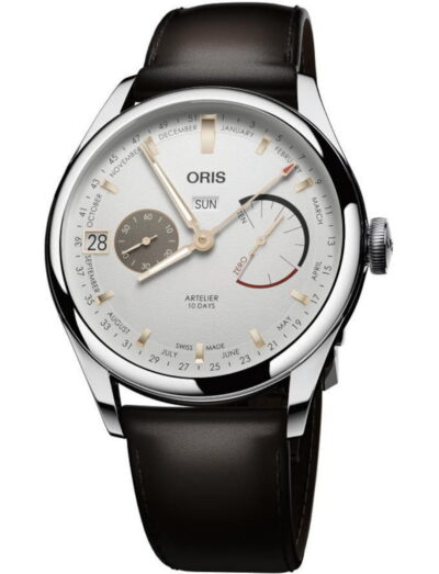 Oris Artelier Calibre 113 wristwatch with stainless steel case, white dial, and dark brown cordovan strap.
