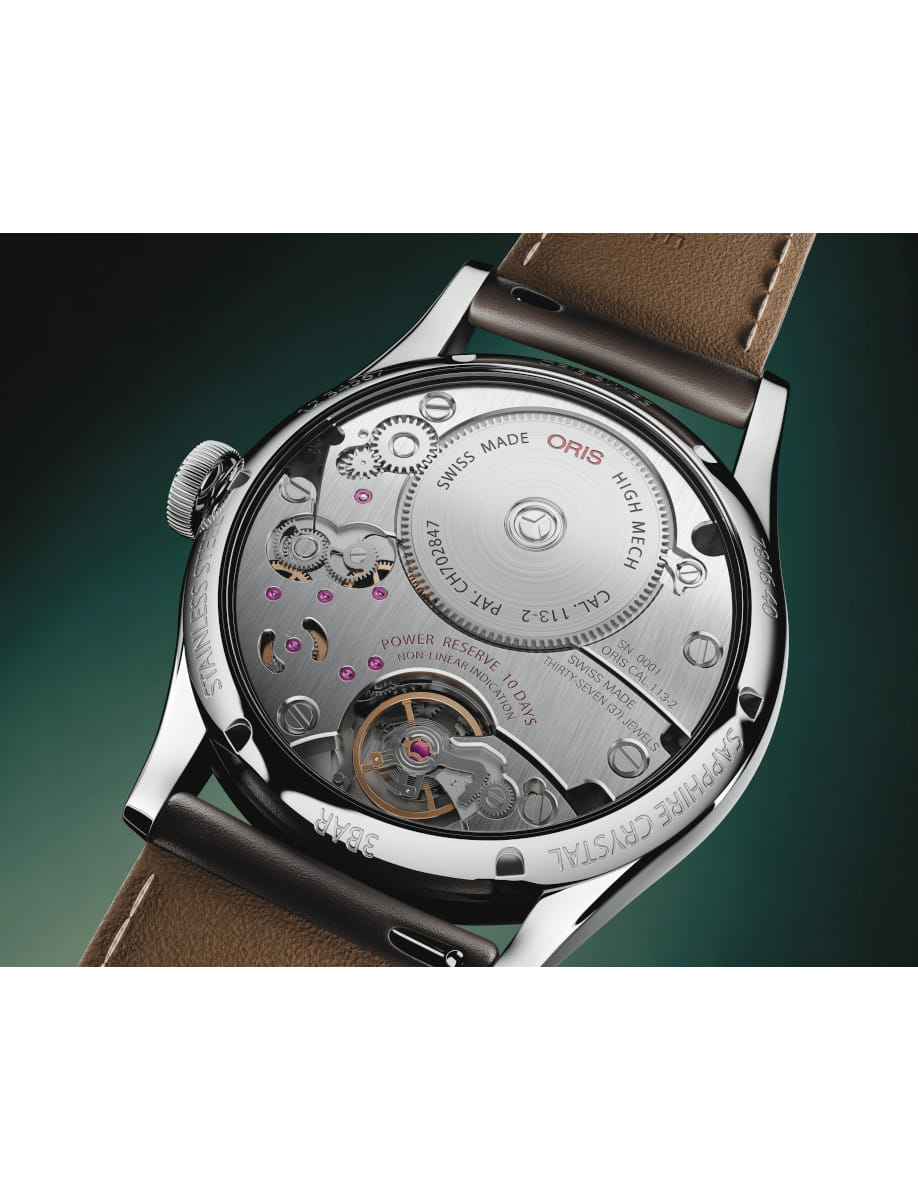 Oris Artelier Calibre 113 wristwatch with stainless steel case, white dial, and dark brown cordovan strap.