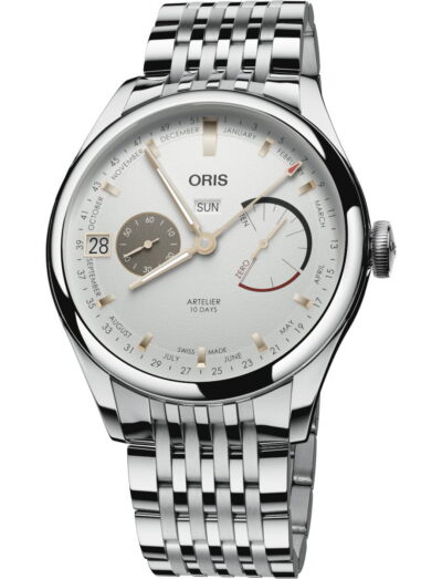 Oris Artelier Calibre 113 wristwatch with stainless steel case and bracelet, and white dial.