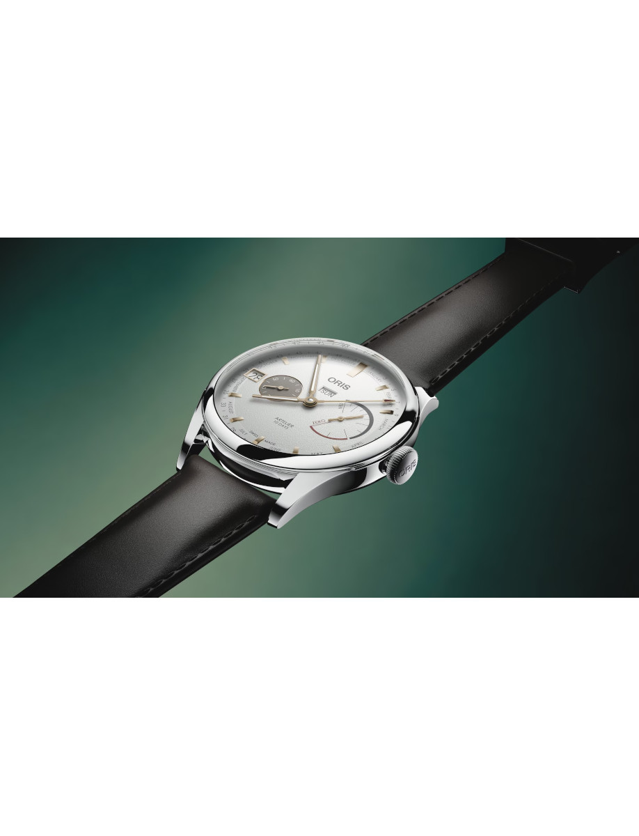 Side view of Oris Artelier Calibre 113 wristwatch with stainless steel case, white dial, and dark brown cordovan strap.