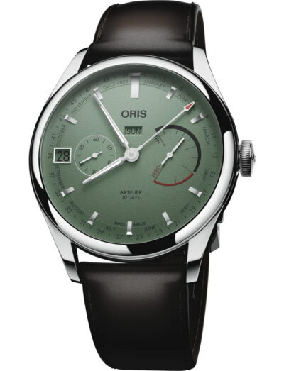 Oris Artelier Calibre 113 wristwatch with stainless steel case, green dial, and dark brown cordovan strap.