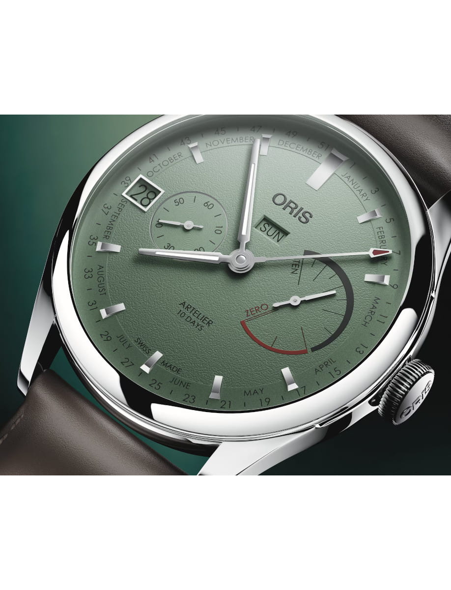 Front view of Oris Artelier Calibre 113 wristwatch with stainless steel case, green dial, and dark brown cordovan strap.
