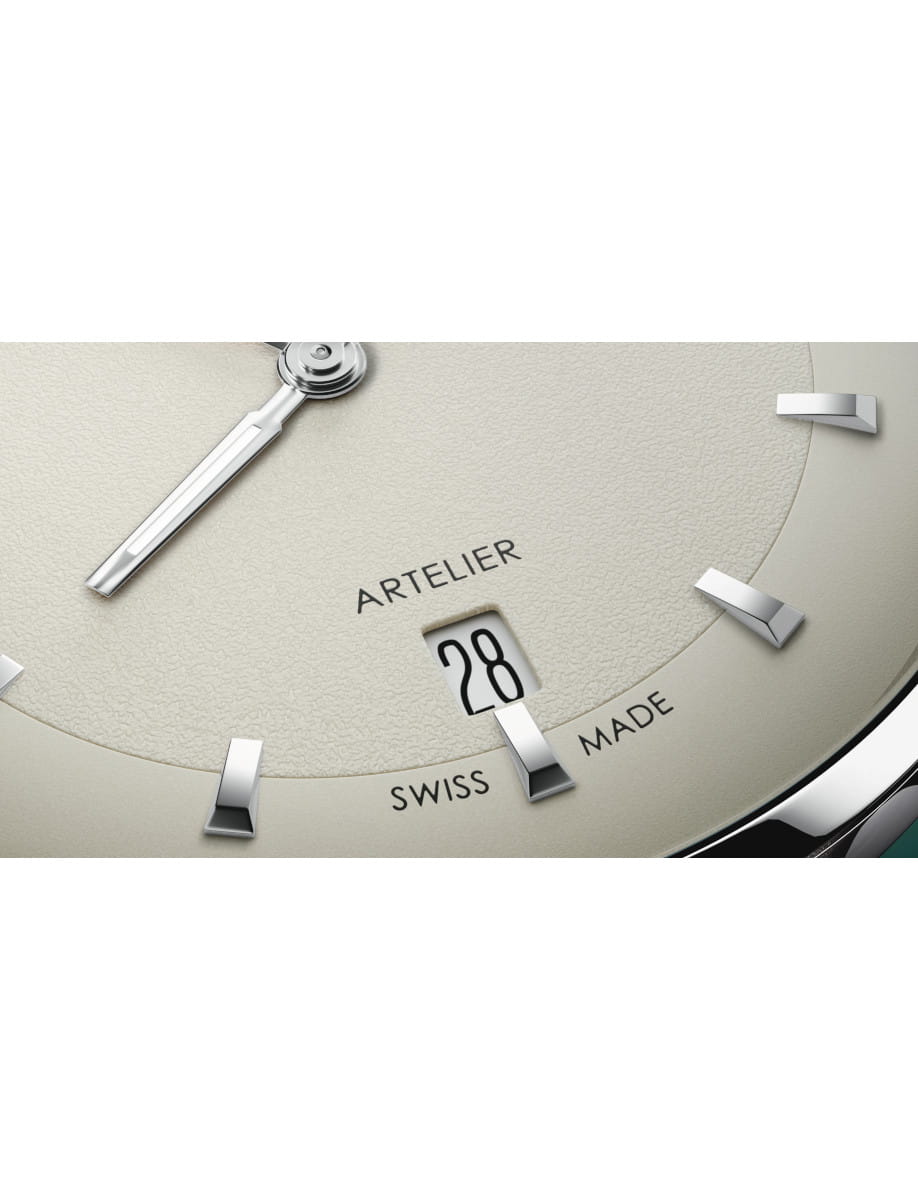 Close view of dial of the Oris Artelier Date wristwatch with stainless steel case and white dial