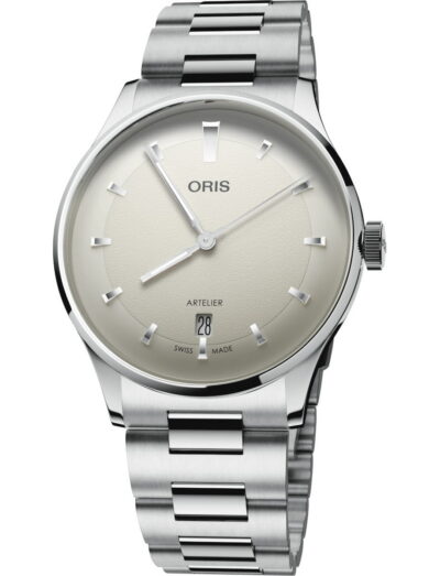 Oris Artelier Date wristwatch with stainless steel case and bracelet, and white dial.
