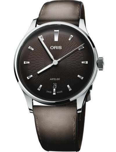 Oris Artelier Date wristwatch with stainless steel case, chocolate black dial, and dark brown leather strap.
