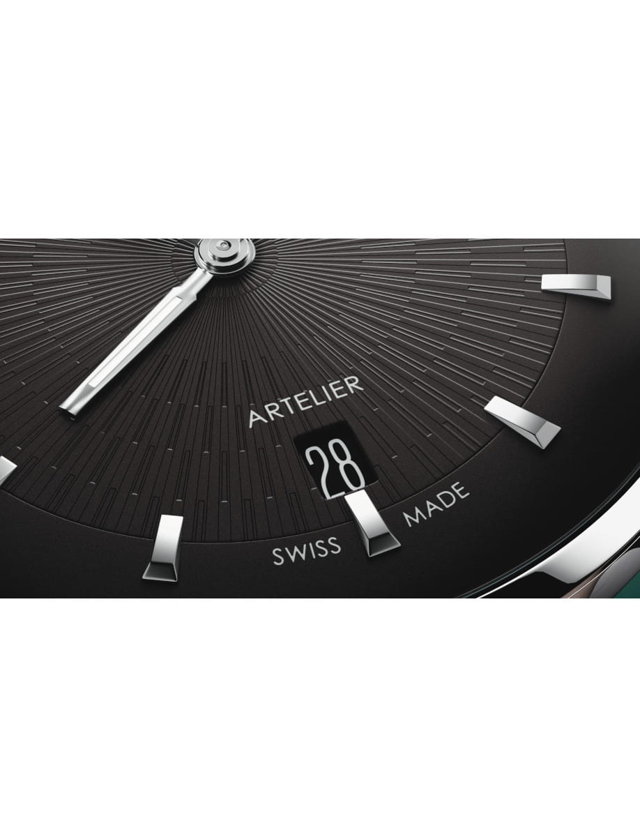 Close view of dial of the Oris Artelier Date wristwatch with stainless steel case and chocolate black dial
