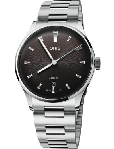 Oris Artelier Date wristwatch with stainless steel case and bracelet, and chocolate black.