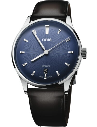 Oris Artelier Date wristwatch with stainless steel case, dark blue dial, and dark brown leather strap.