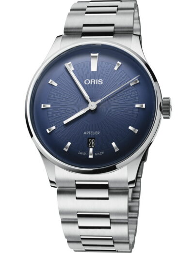Oris Artelier Date wristwatch with stainless steel case and bracelet, dark blue dial.