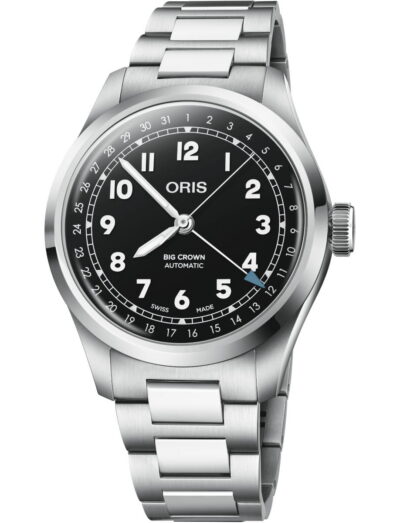 Oris Big Crown Pointer Date wristwatch with stainless steel case and bracelet, and black dial.