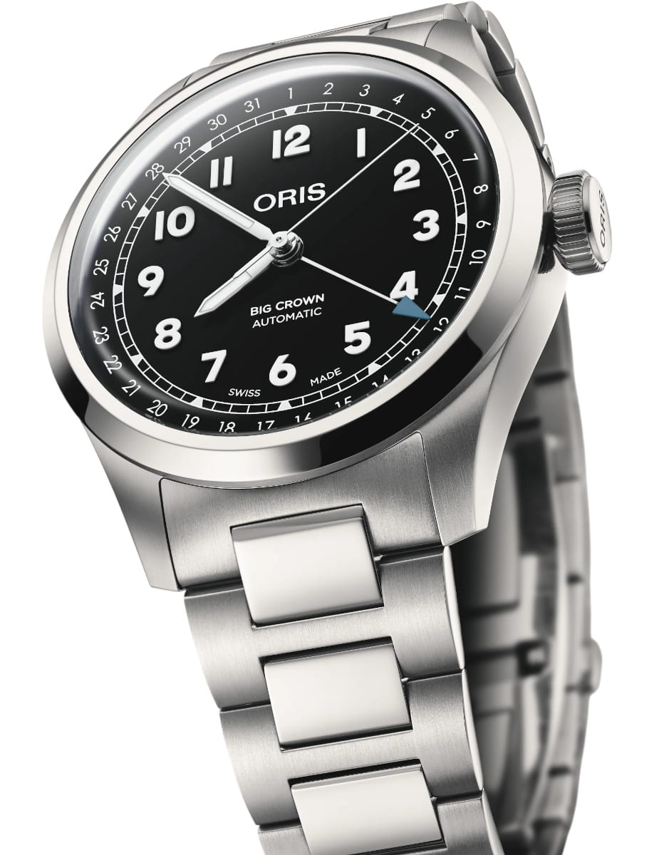 Side view of Oris Big Crown Pointer Date wristwatch with stainless steel case and bracelet, and black dial.