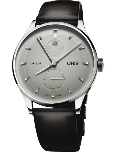 Oris Artelier wristwatch with stainless steel case, ivory dial, and black leather strap.