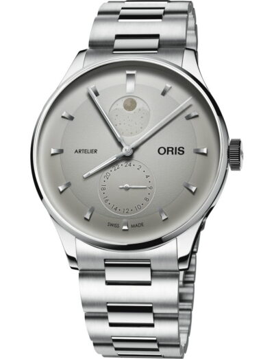 Oris Artelier wristwatch with stainless steel case and bracelet, and ivory dial.
