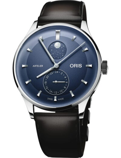 Oris Artelier wristwatch with stainless steel case, midnight blue dial, and black leather strap.